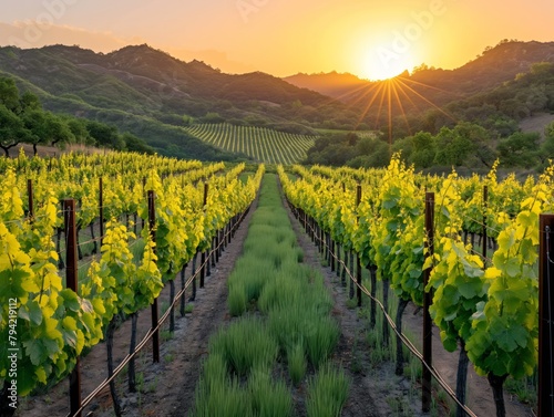 A vineyard with a sun setting in the background. The sun is shining on the vines, making them look lush and green. The scene is peaceful and serene