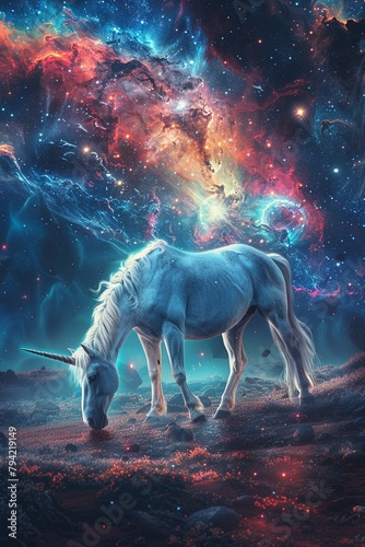 Create a scene of a unicorn grazing on cosmic grass, its coat shimmering with the colors of the galaxy, blending seamlessly into its celestial surroundings 8K , high-resolution, ultra HD,up32K HD © ธนากร บัวพรหม
