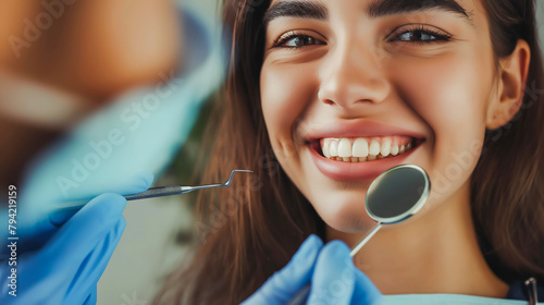 Young woman getting a dental check up at dentistry with professional dentist. Woman smile after teeth cleaning, dental consultation for oral hygiene 