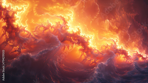 Visualize a fractal pattern inspired by the Mandelbrot set, rendered in fiery colors of red, orange, and yellow to suggest a blazing inferno. photo