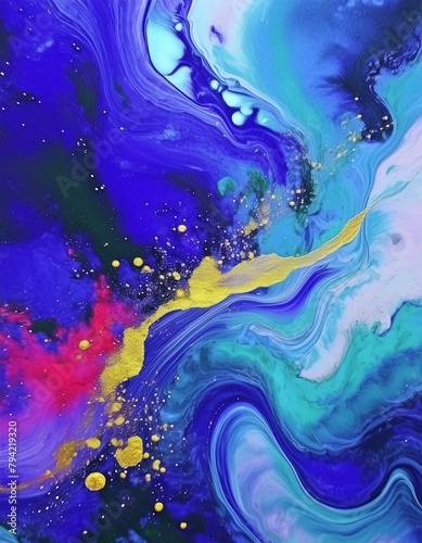 A painting of a blue and gold swirl with a lot of gold glitter