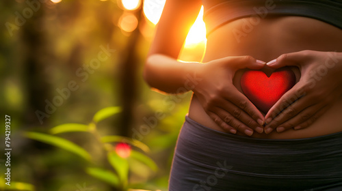 Woman making hand symbol with heart shape on stomach  Female hands forming heart shape for health and self love for wellness and training  Woman hands pregnant making shape heart on her belly