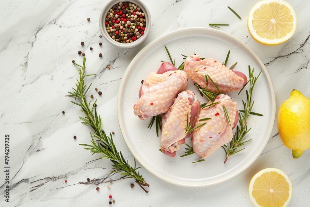 Freshly cooked meat covered in rosemary on a white plate. Perfect for food blogs or restaurant menus Freshly cooked meat covered in rosemary on a white plate. Perfect for food blogs or restaurant menus