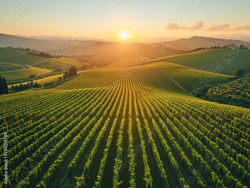 A large field of grape vines with the sun setting in the background. The sun is setting behind the hills and the sky is a beautiful orange color photo