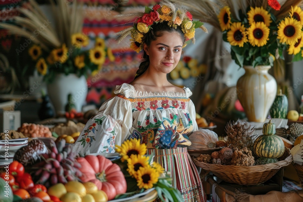Woman in folk attire poses elegantly in a market surrounded by colorful produce and flowers, representing cultural heritage