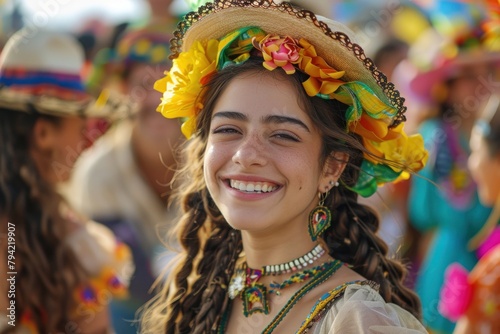 A young woman wearing a traditional costume and floral headpiece smiling warmly at a cultural event