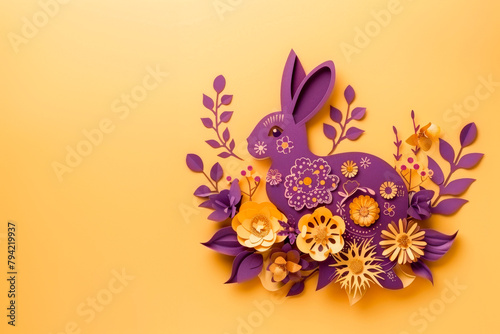 Easter paper art  craft  forest with easter rabbit.  in yellow and purple.