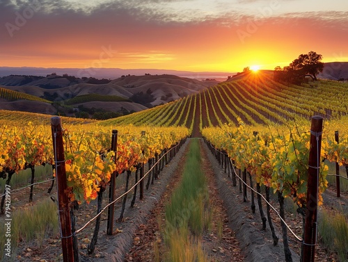 A beautiful sunset over a vineyard with rows of vines. The sun is setting in the distance, casting a warm glow over the landscape. The scene is serene and peaceful