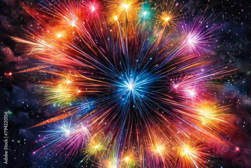 Bright multicolored fireworks in the shape of a heart against the background of the night starry sky and the urban landscape. 
