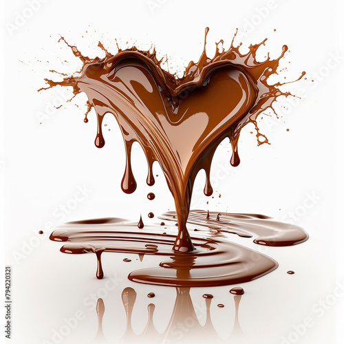 Chocolate splash in heart shape isolate on white background. Generative AI,