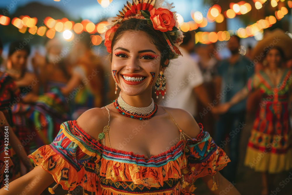 A radiant woman with a wide smile, celebrating in a traditional costume at a night festival