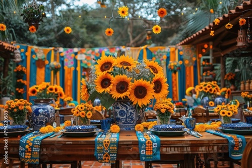A vibrant outdoor setting with a sunflower centerpiece  colorful drapes  and festive decor