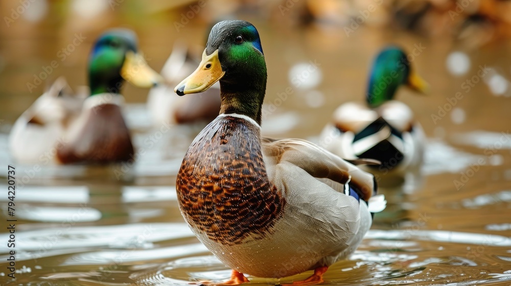 Naklejka premium Ducks Engaging in Water Activities at a Lake in Ontario