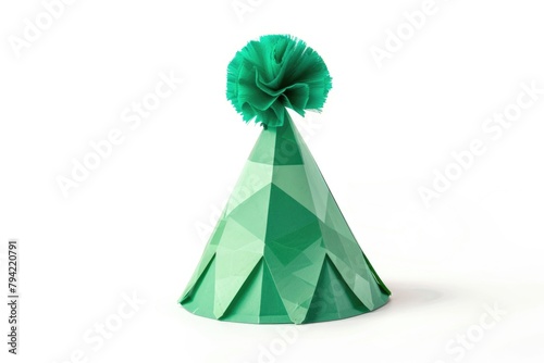 A festive green paper party hat with a pom pom on top. Perfect for celebrating special occasions
