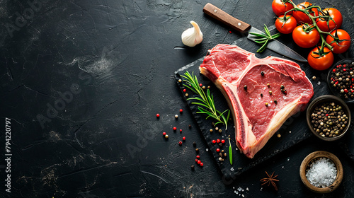 Dry-aged Raw T-bone or porterhouse beef meat Steak with herbs and salt. Black background. Top view. photo