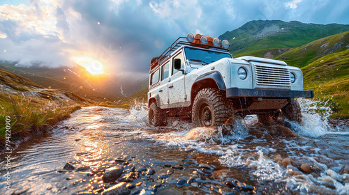 A robust off-road vehicle crosses a mountain stream at sunrise, a perfect representation of adventure and the call of the wild.