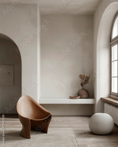 Minimalist living room setting, emphasizing simplicity and elegance with a simple chair next to a single plant.