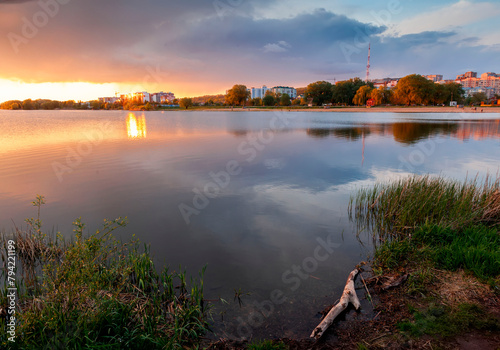 Khmelnitsky city in Ukraine, view of the Southern Bug River at sunset