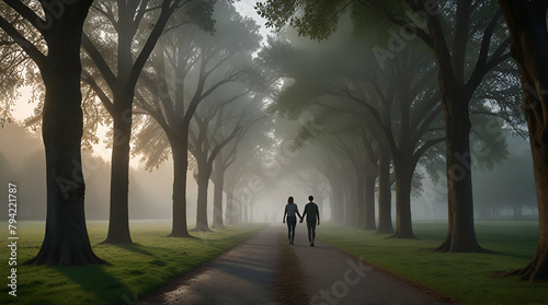 Sport couple walking on the path in the park morning in the park. Generative.AI