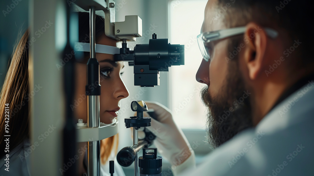 Young woman test and checking glaucoma with optometrist or ophthalmologist. A young woman patient having an eye exam Young woman test and checking glaucoma with optometrist or ophthalmologist. A young woman patient having an eye exam