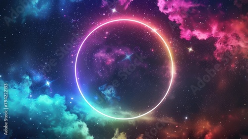 Neon glowing round circle frame on space background with stars