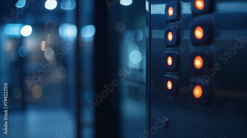 Defocused background image of a sleek and modern key pad entry system blurred out to give a sense of anonymity and security. The illuminated buttons add a touch of futuristic technology .