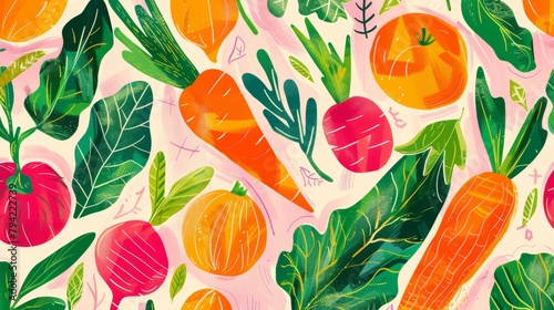 Abstract pastel patterns of farm fresh vegetables, vibrant and whimsical,