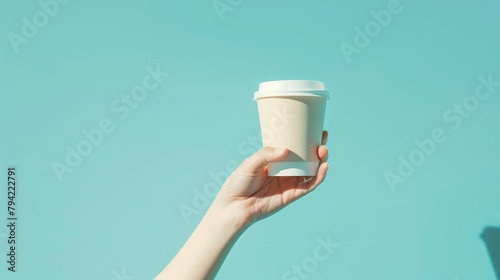 Ad shot of a hand with a coffee cup, pastel cyan background, minimalist, studio lighting,