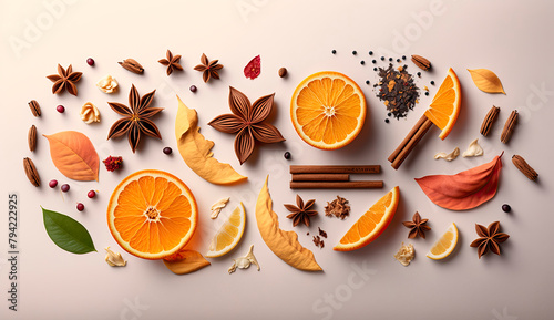 tea leaves dried berries and dried fruits, orange peel, cinnamon, star anise. Generative AI,
