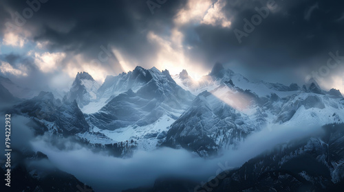 Alpine mountains, Crepuscular rays over snowy peaks, Magazine Photography,