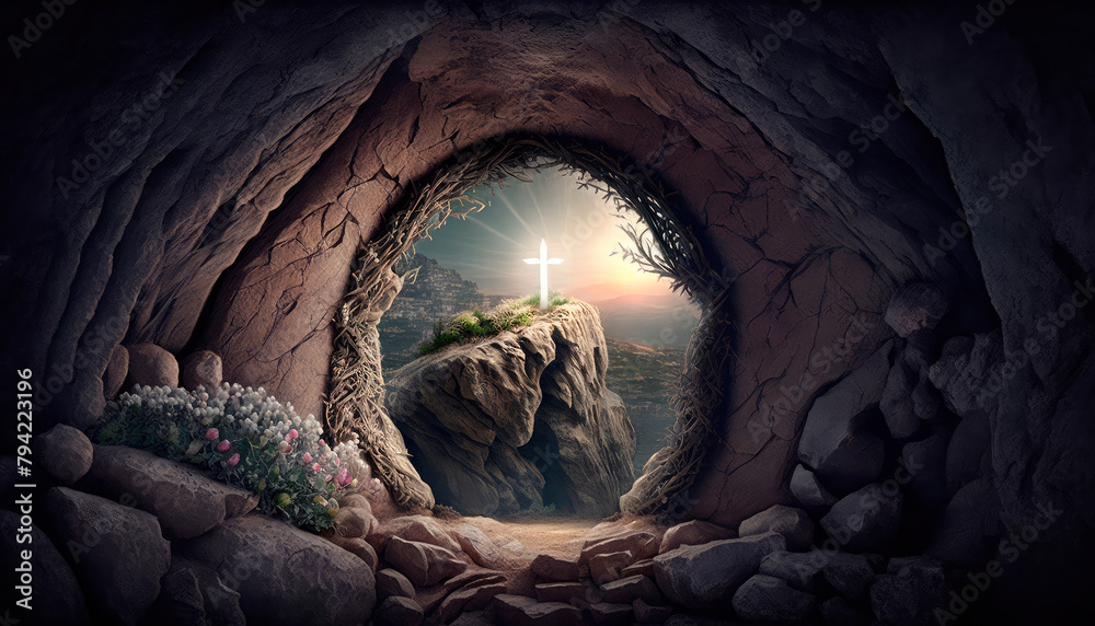 Resurrection - light in an empty tomb with a crucifix at dawn. Generative AI,