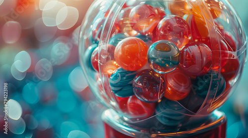 Artistic closeup of a gumball machine filled with colorful marbles, bright, glossy finish, photo