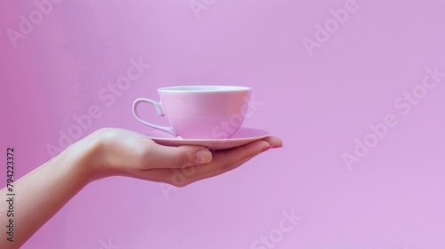 Closeup of a hand with a teacup, solid pastel purple background, studio light, ad style,