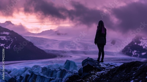 Female defying a monstrous silhouette, surreal glacier, twilight, sharp contrasts and focused lighting,