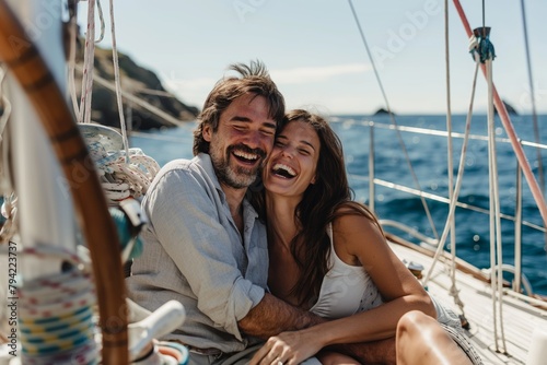 Laughing couple on a sailing boat