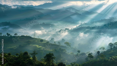 Himalayan foothills, Crepuscular rays and morning fog, Magazine Photography,