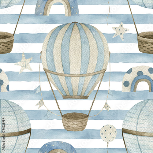 Watercolor baby seamless pattern with hot air balloon,  stars and rainbow. Hand drawn cute  illustration on white background