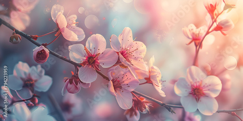 Spring blossom background Nature scene with blooming tree and sun flare Beautiful spring nature scene with pink blooming tree Fantastic romantic floral artistic springtime Flowers and blurred nature l