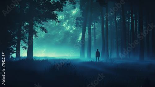 Lone stand against a giant shadow, surreal forest clearing, night glow, minimalist, dramatic contrasts,