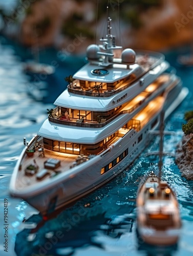 Envision a miniature cruise ship, complete with miniature cabins and decks, offering a luxurious vacation experience on a small scale 8K , high-resolution, ultra HD,up32K HD