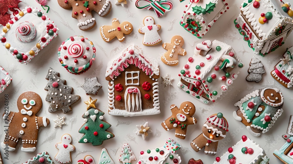 A whimsical and charming Christmas tableau featuring adorable plush characters and whimsical gingerbread houses