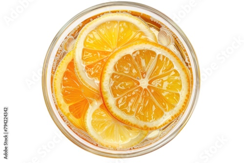 Fresh orange slices floating in a glass of water. Ideal for health and wellness concepts