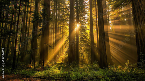 Redwood National Park, Crepuscular rays through tallest trees, Magazine Photography, photo