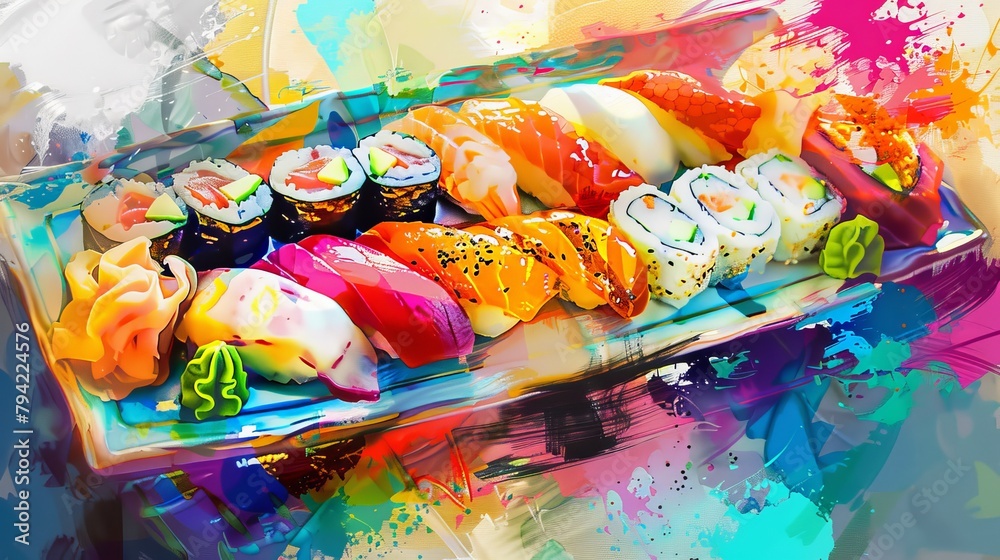 Whimsical abstract of a sushi platter, colorful pastel presentation,