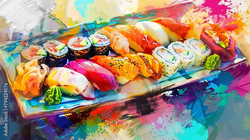 Whimsical abstract of a sushi platter, colorful pastel presentation,