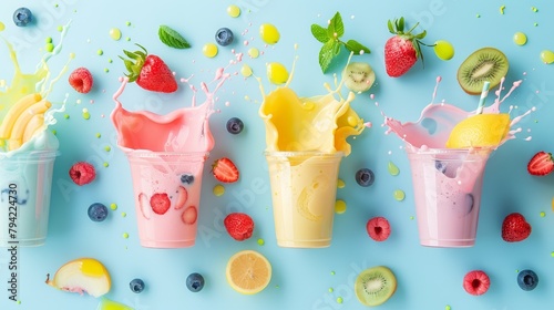 Whimsical pastel smoothies, abstract splash of fruits,