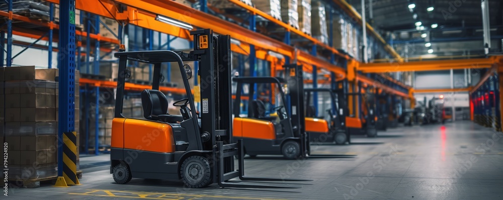 Panoramic view of forklifts in modern warehouse