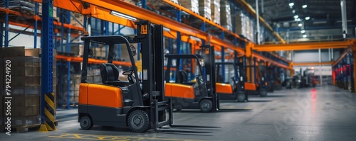 Panoramic view of forklifts in modern warehouse