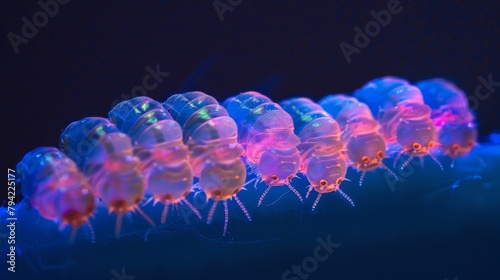 A group of insect larvae lined up in a row each one glowing under UV light as they consume and neutralize toxic substances. photo