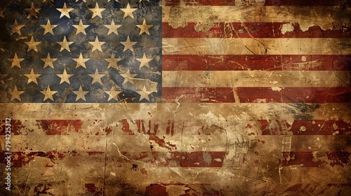 Vintage American flag on weathered wood texture